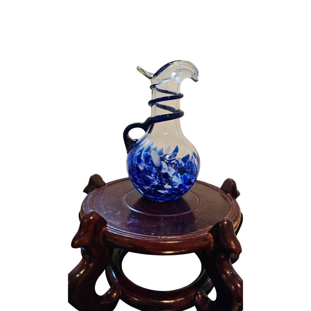 Handblown Cobalt Blue Glass Pitcher Vase Applied Spiral Handle Ruffle Top